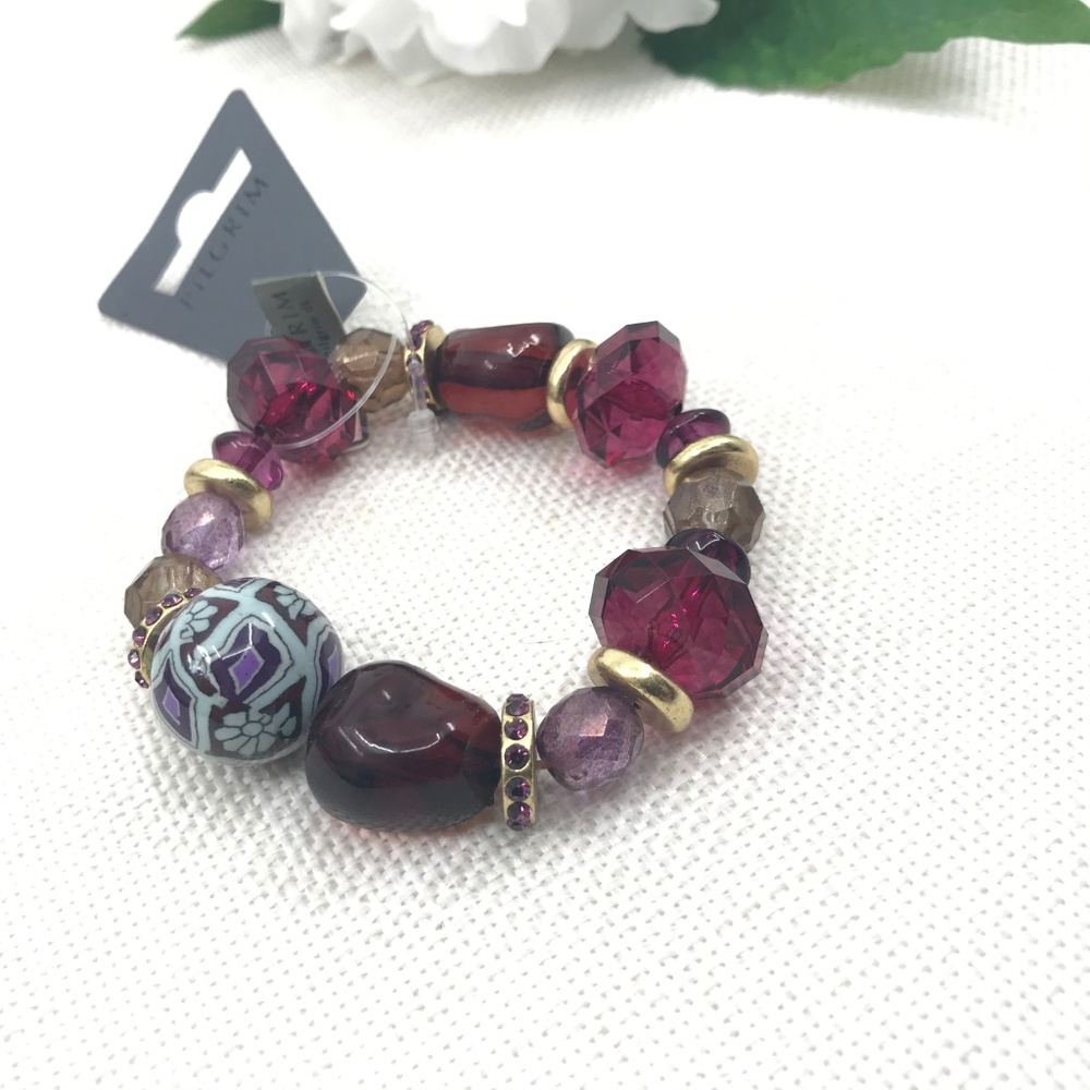 Goldtone Purple and Red Beaded Bracelet